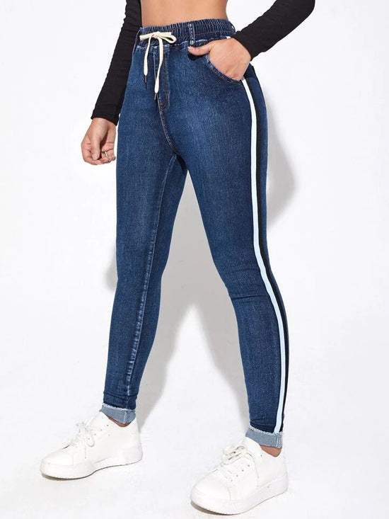 FABSHEIN Contrast Binding Drawstring Skinny Jeans