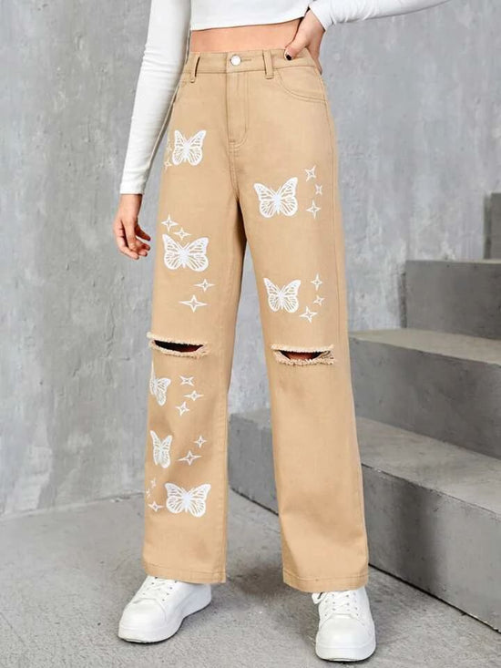 FABSHEIN Teen Girls Butterfly & Star Print Ripped Jeans