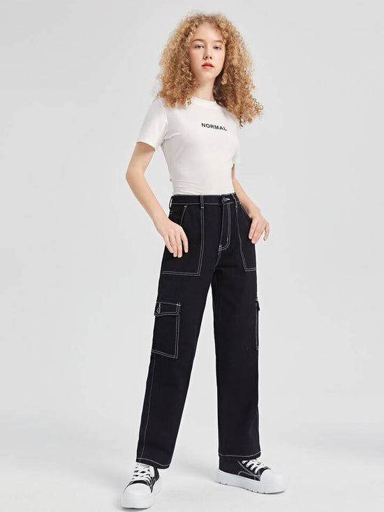 Fabshein Girls Wide Leg Stitching Oblique Pocket Jeans