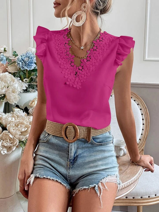 Fabshein VCAY Guipure Lace Trim Cap Sleeve Blouse