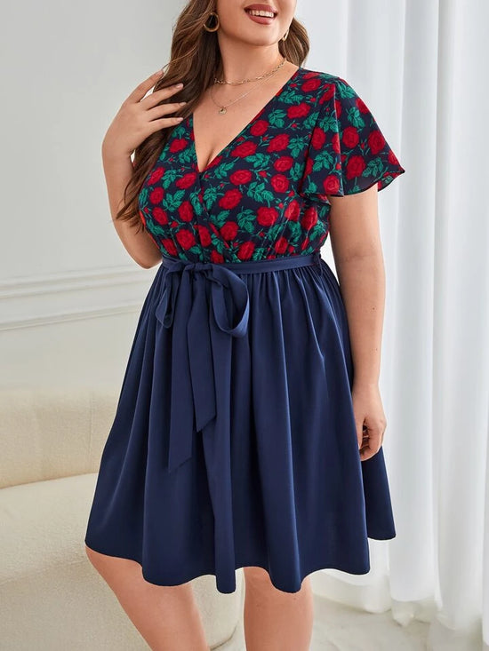 Fabshein Frenchy Plus Floral Print Belted Dress
