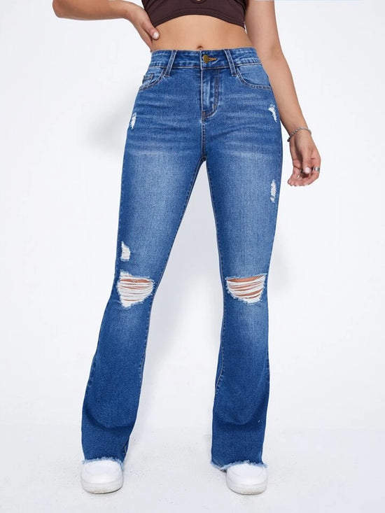 Fabshein Bleach Wash Ripped Frayed Flare Leg Jeans