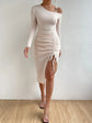 Fabshein Essnce Asymmetrical Neck Drawstring Front Split Thigh Bodycon Dress