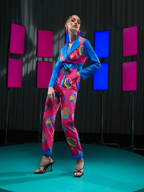 Spagnelli Graphic Print Colorblock Belted Jumpsuit