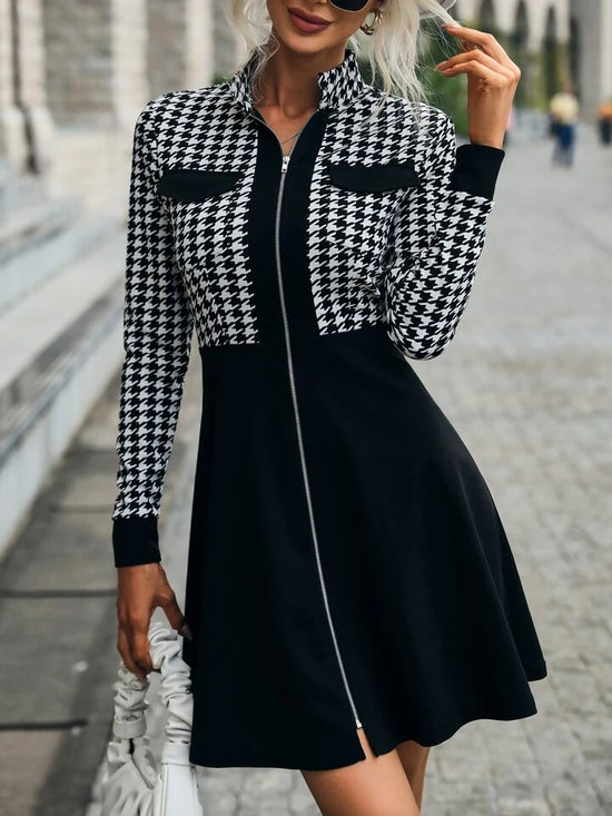 Fabshein Elegant Houndstooth Stitching Short Dress Woman Casual Black Zipper Dress Autumn Fashion A-line Dresses For Women