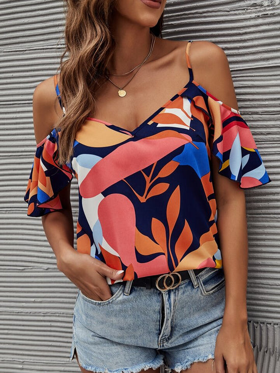 FabSHEIN VCAY Plant Print Cold Shoulder Blouse