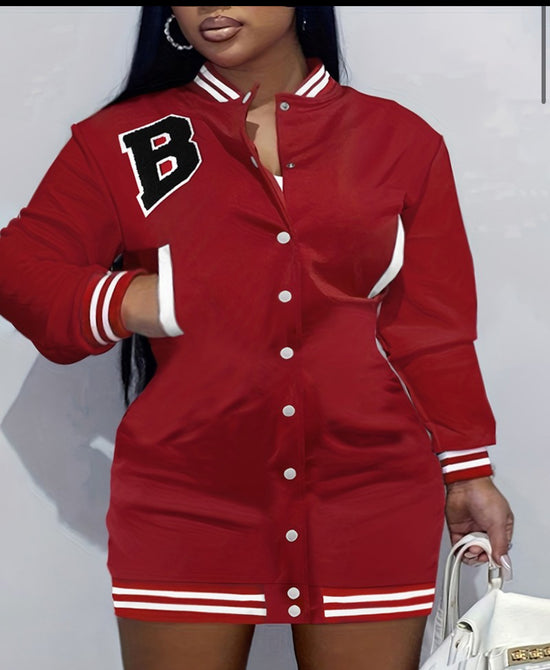 Fabshein Plus Size Letter Pattern Baseball Collar Sweatshirt Dress