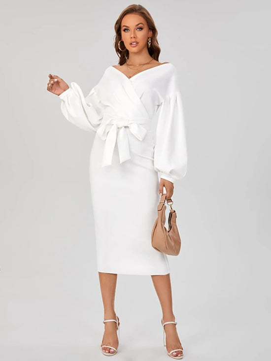 FabSHEIN Tall Surplice Neck Drop Shoulder Belted Dress