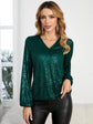 Fabshein EMERY ROSE V Neck Lantern Sleeve Sequin Blouse