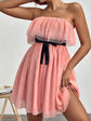 Layered Ruffle Trim Belted Mesh Tube Dress