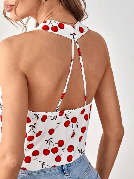 Fabshein Frenchy Allover Cherry Print Open Back Halter Top