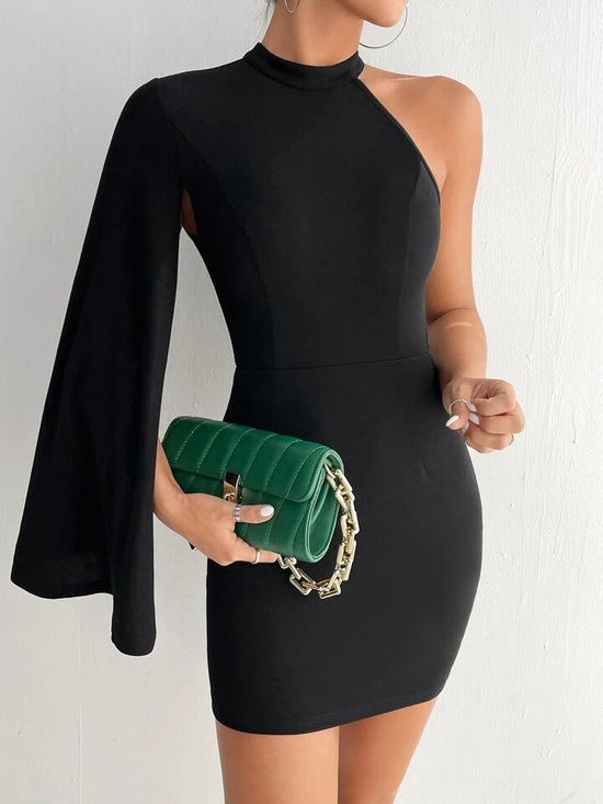 FabSHEIN PETITE Layered Sleeve Asymmetrical Neck Bodycon Dress