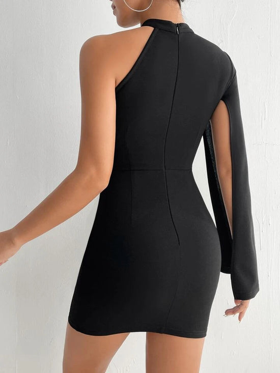 FabSHEIN PETITE Layered Sleeve Asymmetrical Neck Bodycon Dress