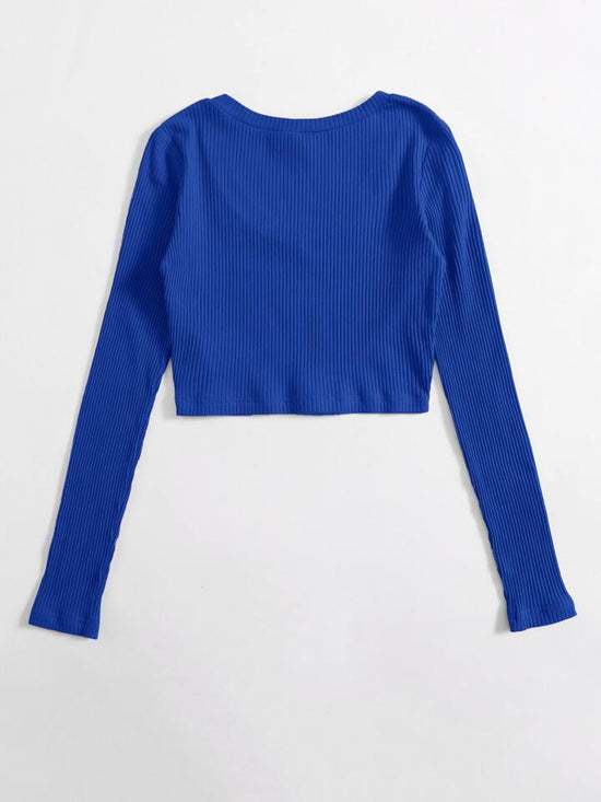 Fabshein EZwear V Neck Rib-Knit Crop Top