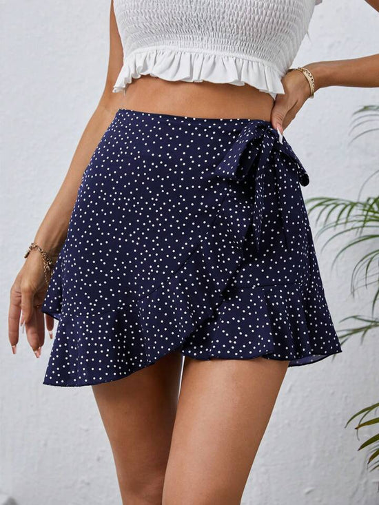 FabSHEIN VCAY Polka Dot Ruffle Trim Tie Side Wrap Skort