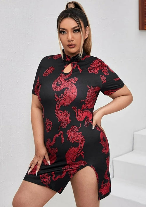 Fabshein Plus Dragon Print Keyhole Neck Slit Hem Bodycon Dress