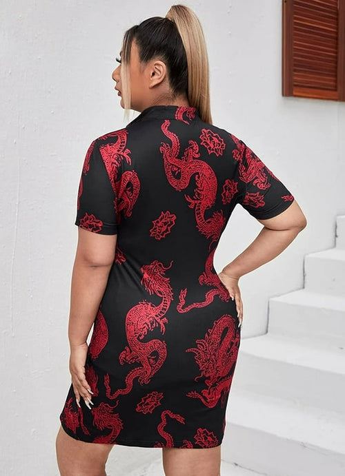 Fabshein Plus Dragon Print Keyhole Neck Slit Hem Bodycon Dress