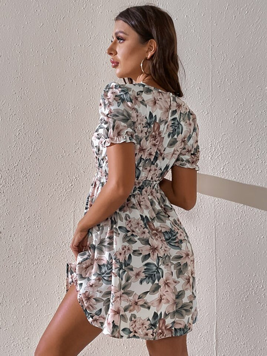 Fabshein Floral Print Shirred Waist Puff Sleeve Dress