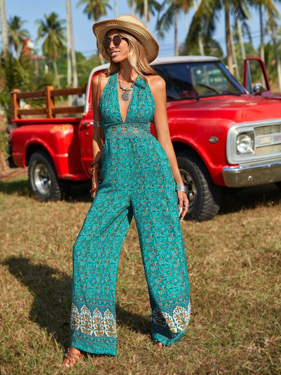 Fabshein VCAY Allover Floral Print Tie Backless Wide Leg Halter Jumpsuit