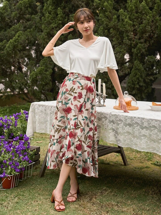 Fabshein Floral Print Ruffle Hem Skirt