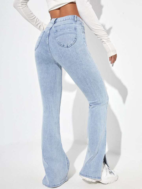 Fabshein High Waist Ripped Split Hem Flare Leg Jeans