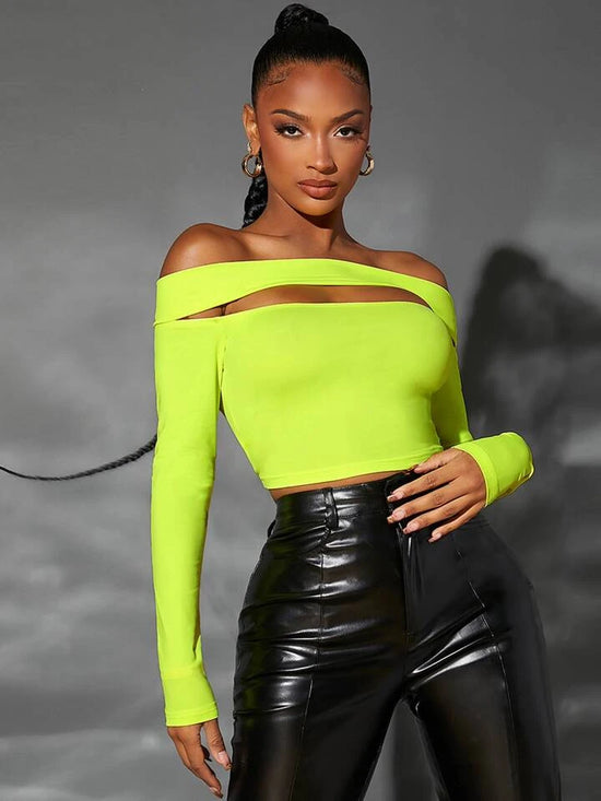 Fabshein SXY Neon Lime Off Shoulder Cutout Crop Tee