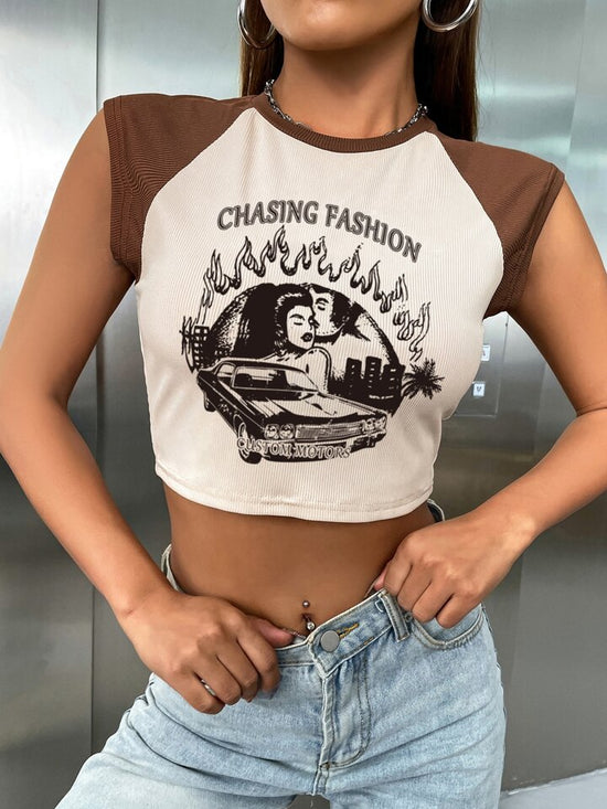 Fabshein Western Car & Letter Graphic Raglan Sleeve Tee