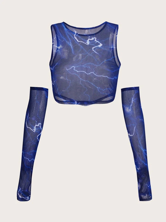 Fabshein  ICON Bikercore Lightning Print Bandana Hem Mesh Top With Arm Sleeves